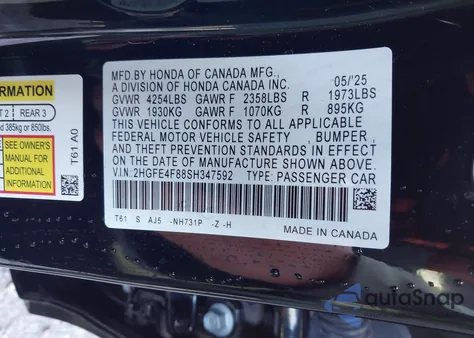 2025 Honda Civic Hybrid Sport/Sport Touring z USA, uszkodzony, nr VIN 2HGFE4F88SH347592